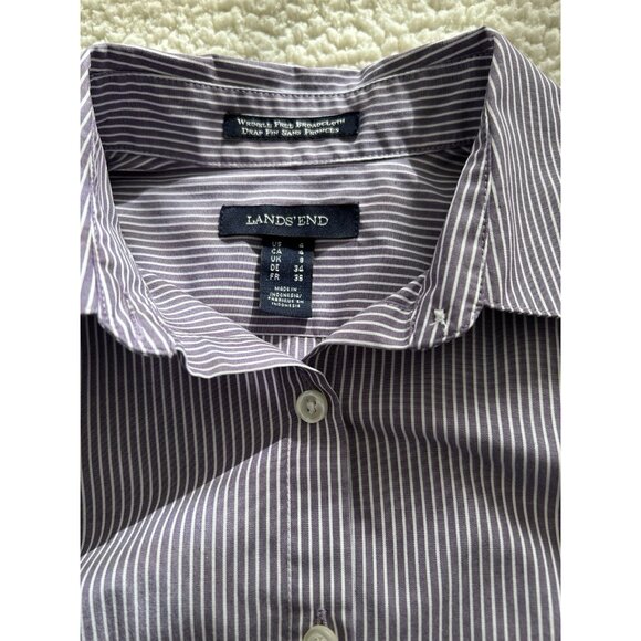 Lands' End Wrinkle Free Button Down Long Sleeve Blouse Top Purple/White Stripe 4 - Picture 5 of 8